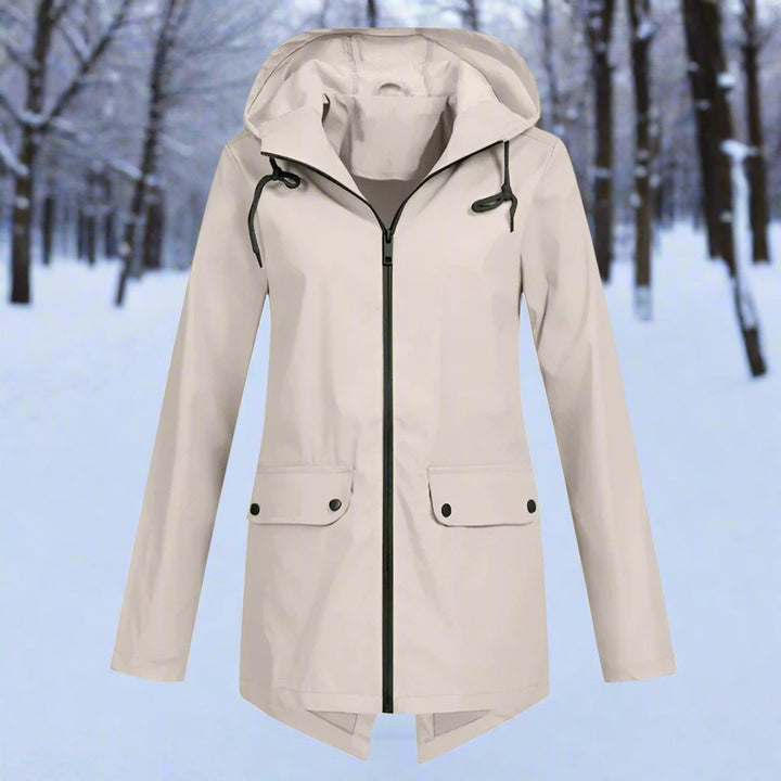 Women's rain jacket in stone, hooded longline with flap pockets