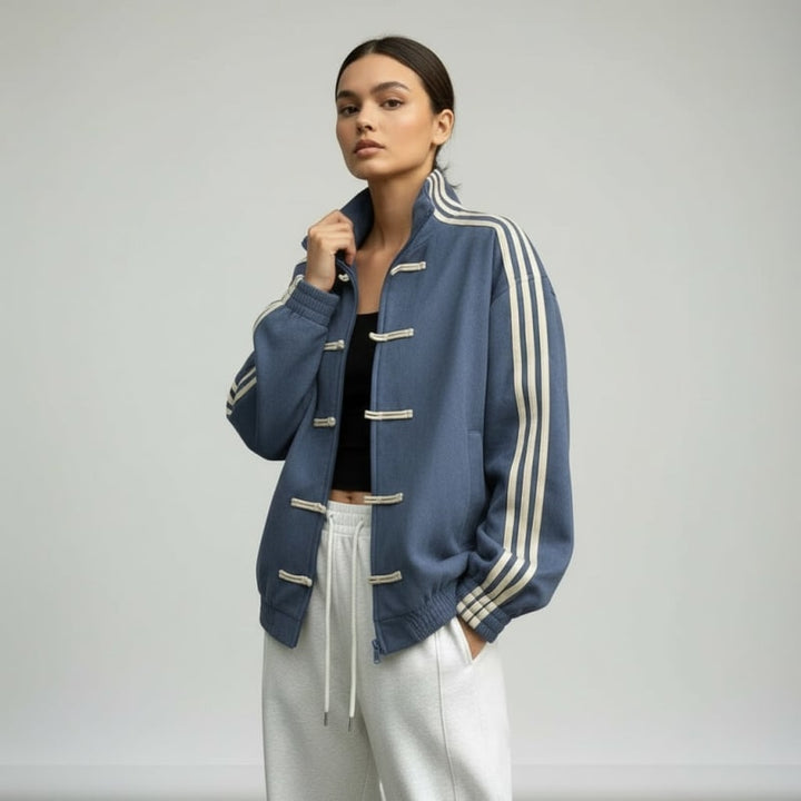 Women's retro track jacket in blue, striped stand collar toggle front