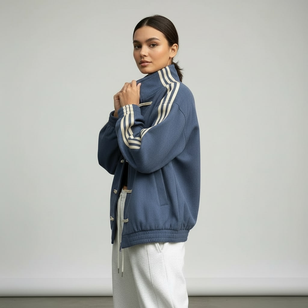 Side view of the blue track jacket showing the sleeve stripes