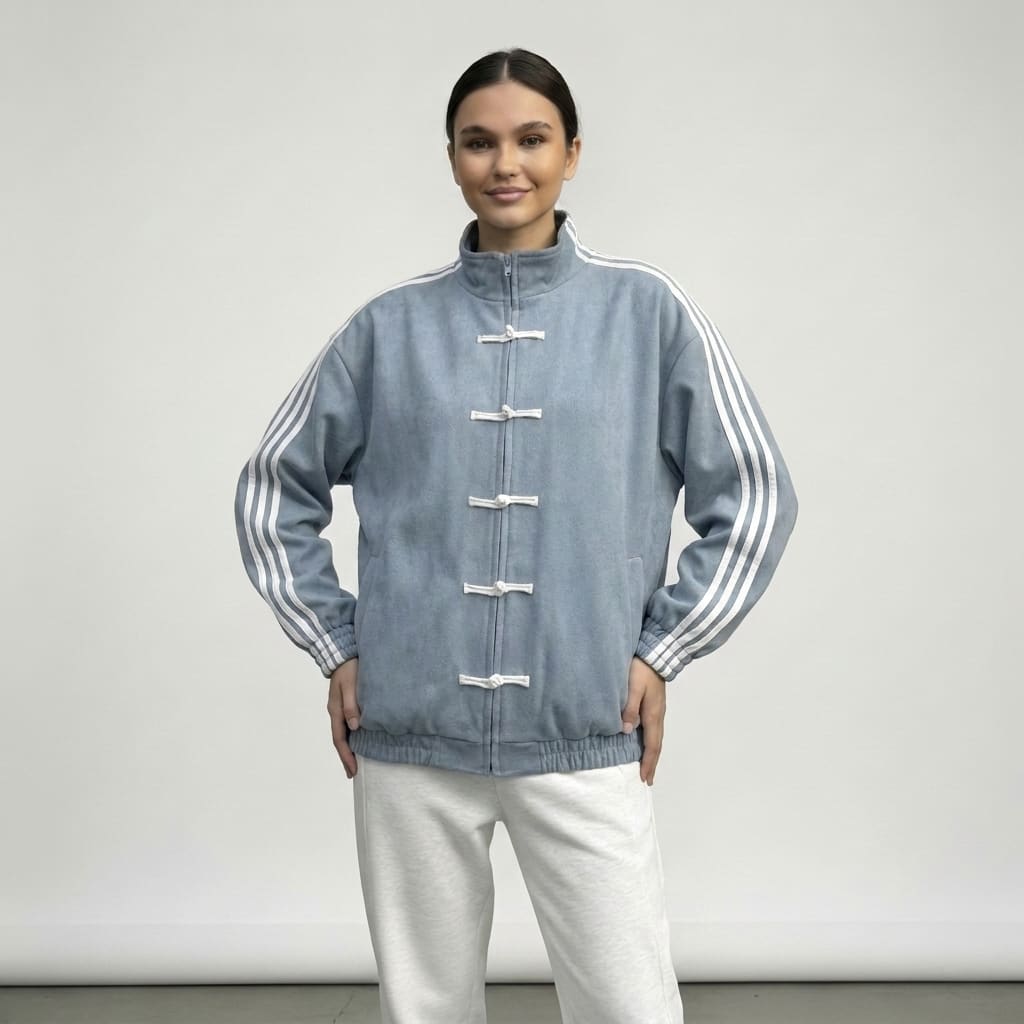 Light blue track jacket with hands on the hips