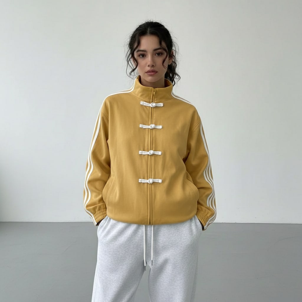 Mustard yellow track jacket with white stripes worn with grey joggers