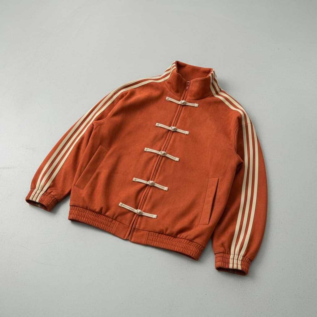 Rust track jacket laid flat with elasticated cuffs and hem