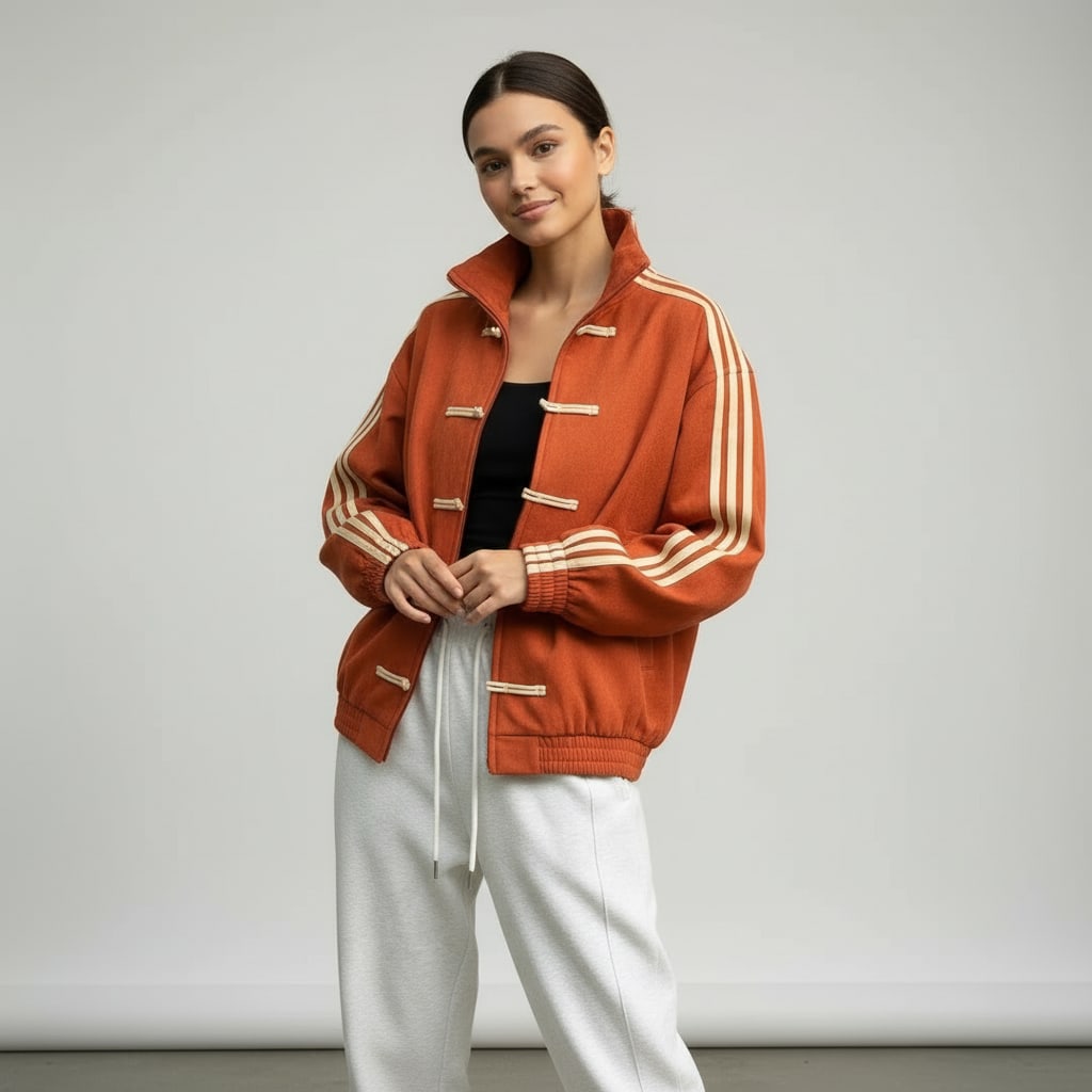 Rust track jacket with cream sleeve stripes and stand collar