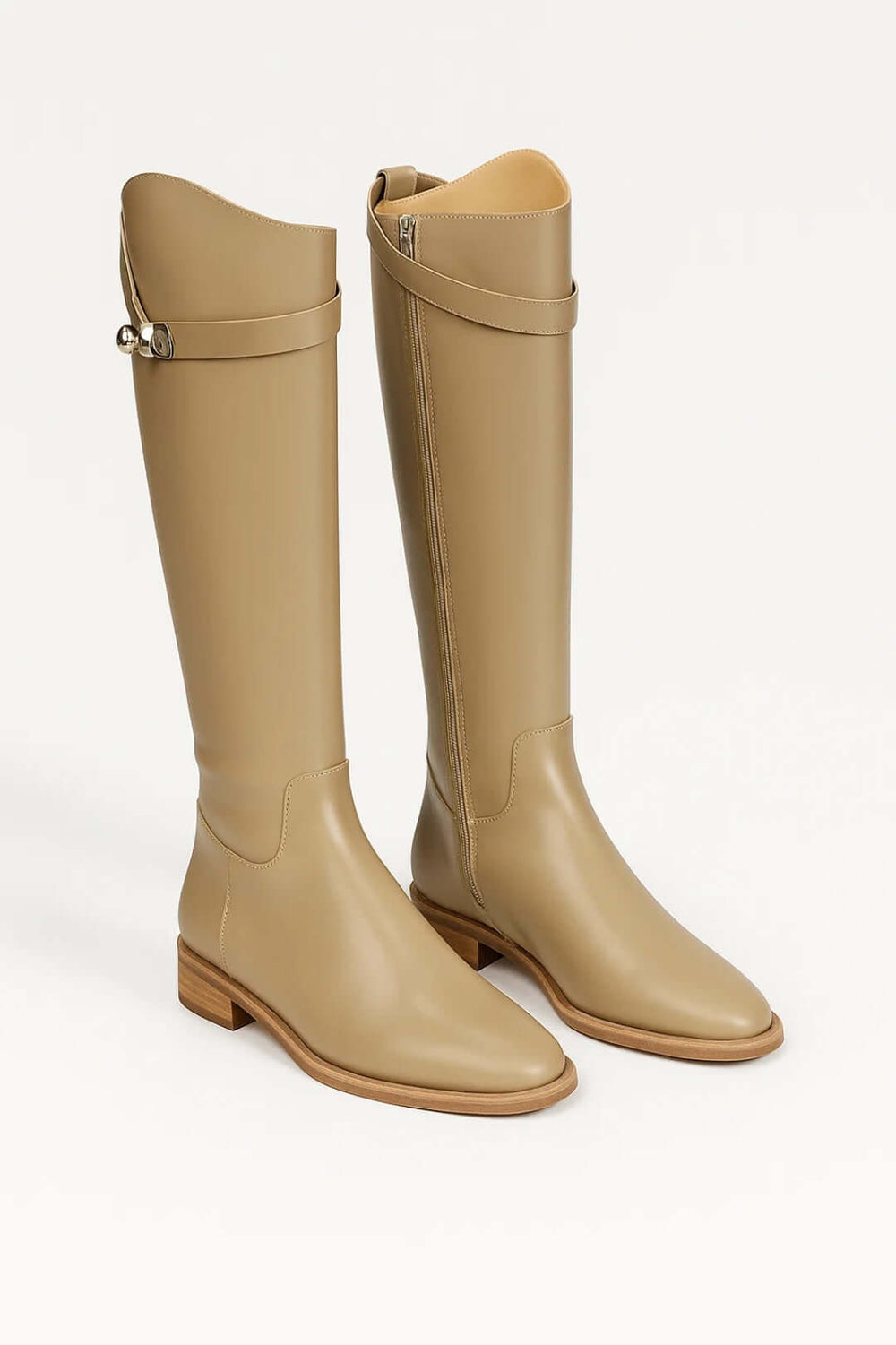 Women's riding boots in beige, knee high flat buckle strap