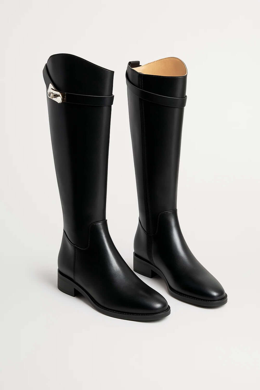 Women's riding boots in black, knee high flat buckle strap