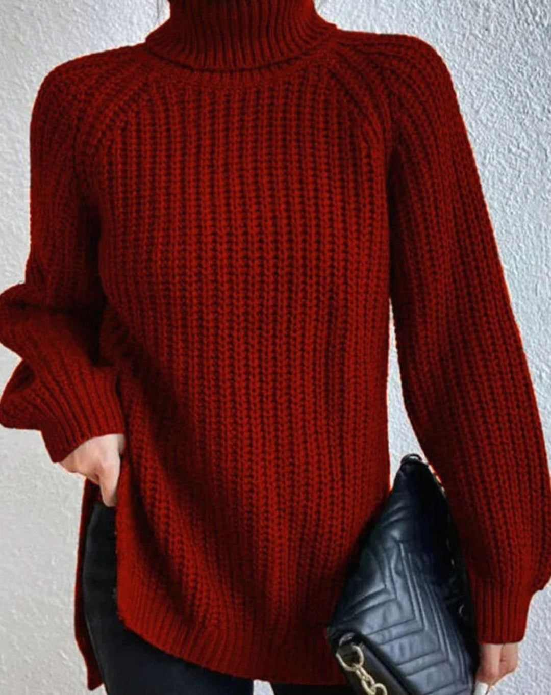 Burgundy roll neck jumper with ribbed balloon sleeves