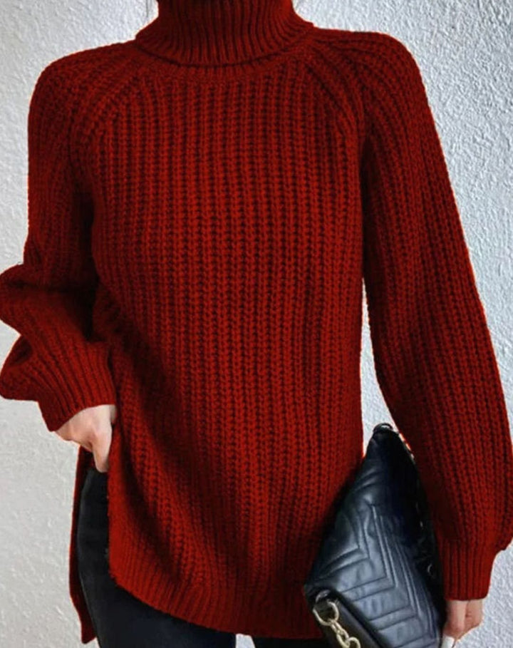 Burgundy roll neck jumper with ribbed balloon sleeves