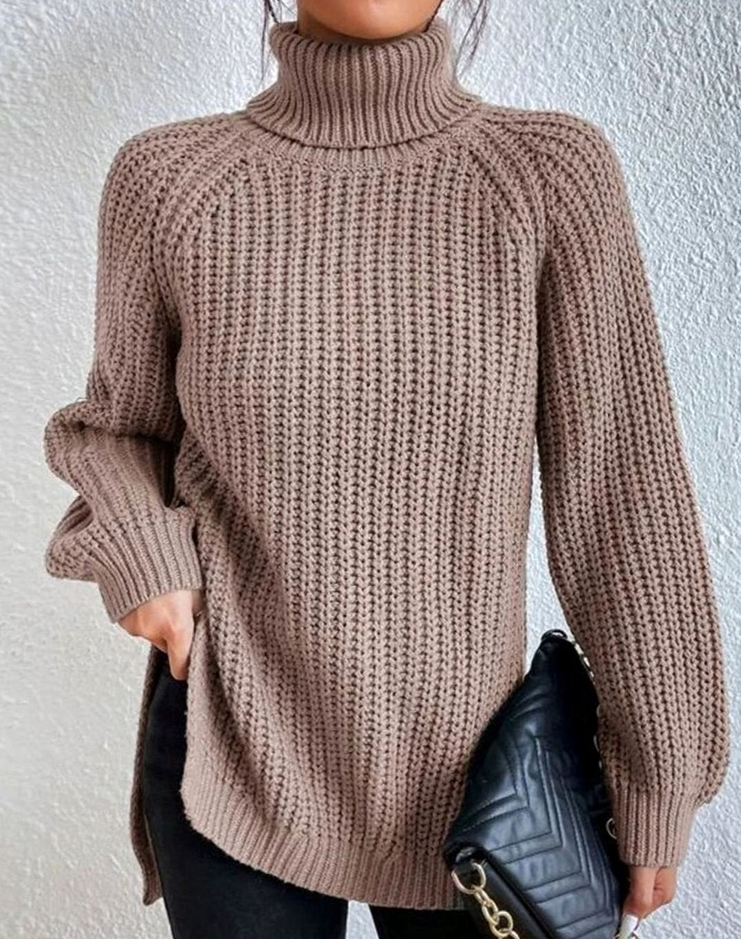 Taupe chunky roll neck jumper with relaxed fit