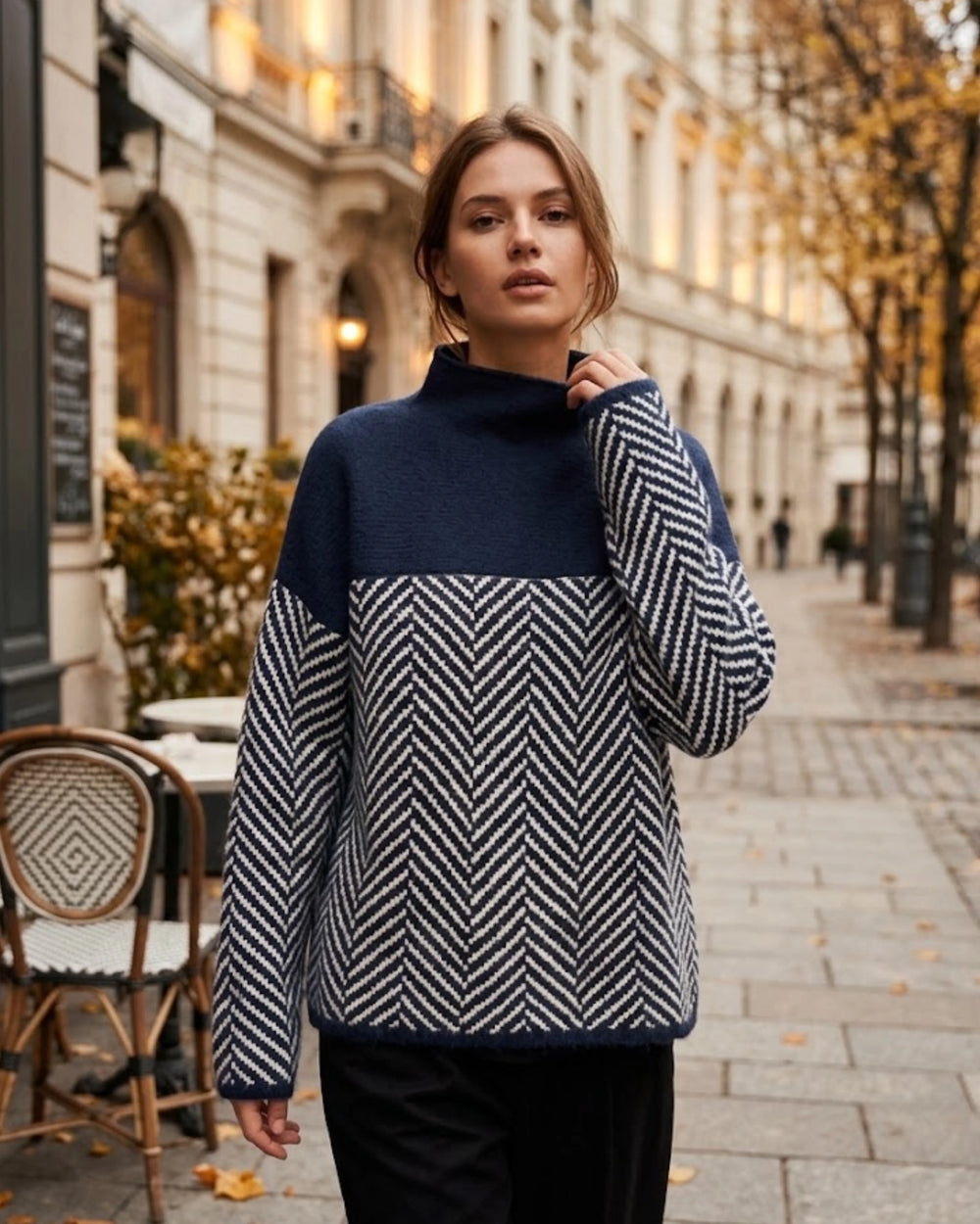 Women's roll neck jumper in blue, colour block herringbone oversized