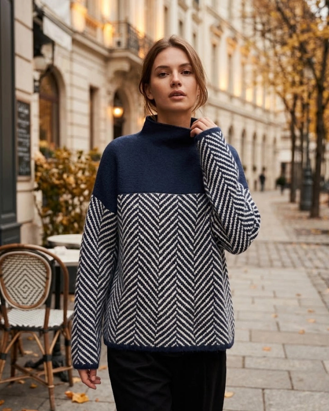 Women's roll neck jumper in blue, colour block herringbone oversized