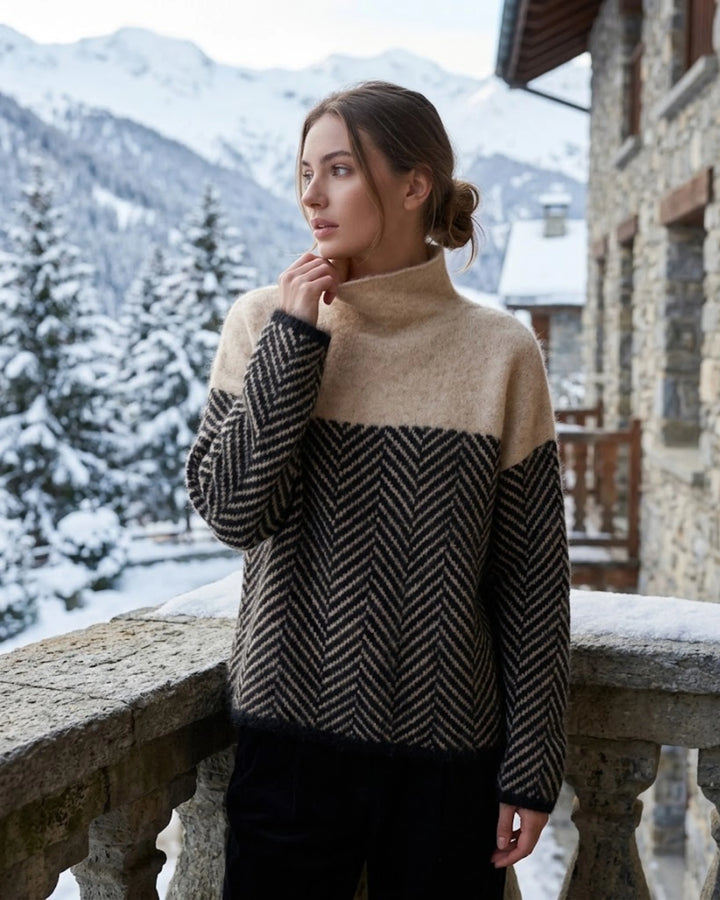 Women's roll neck jumper in brown, colour block herringbone oversized