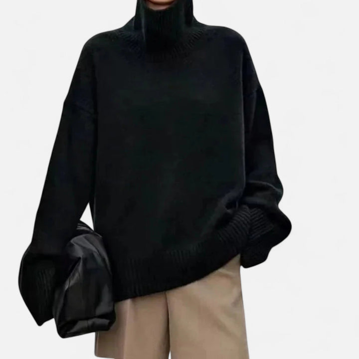 Women's roll neck jumper in black, oversized ribbed turtleneck