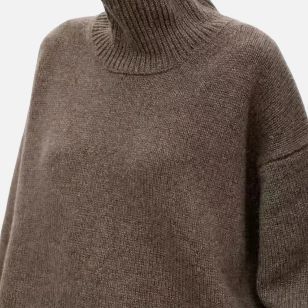 Women's roll neck jumper in brown, oversized ribbed turtleneck