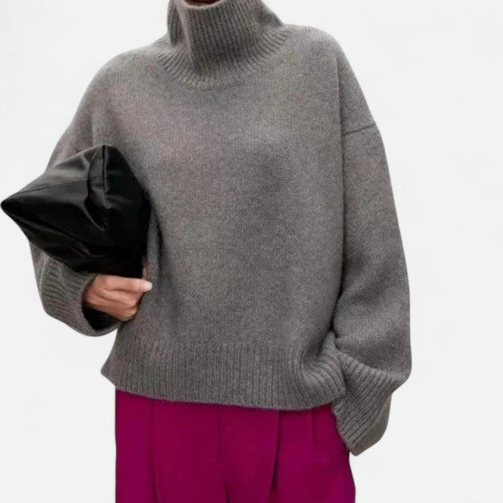 Women's roll neck jumper in grey, oversized ribbed turtleneck