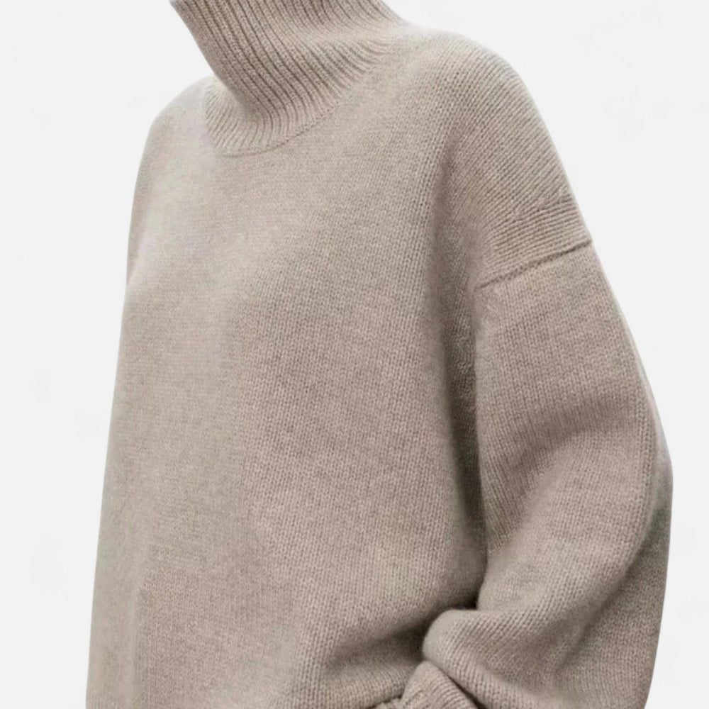 Women's roll neck jumper in khaki, oversized ribbed turtleneck