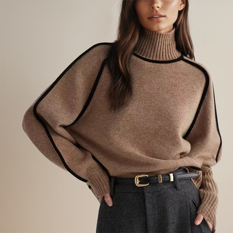 Women's roll neck jumper in taupe, oversized turtleneck with black contrast piping