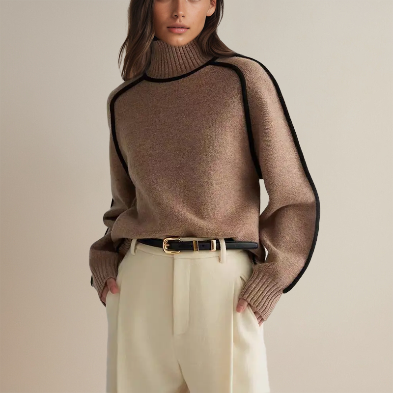 Taupe jumper tucked into cream trousers with a black belt