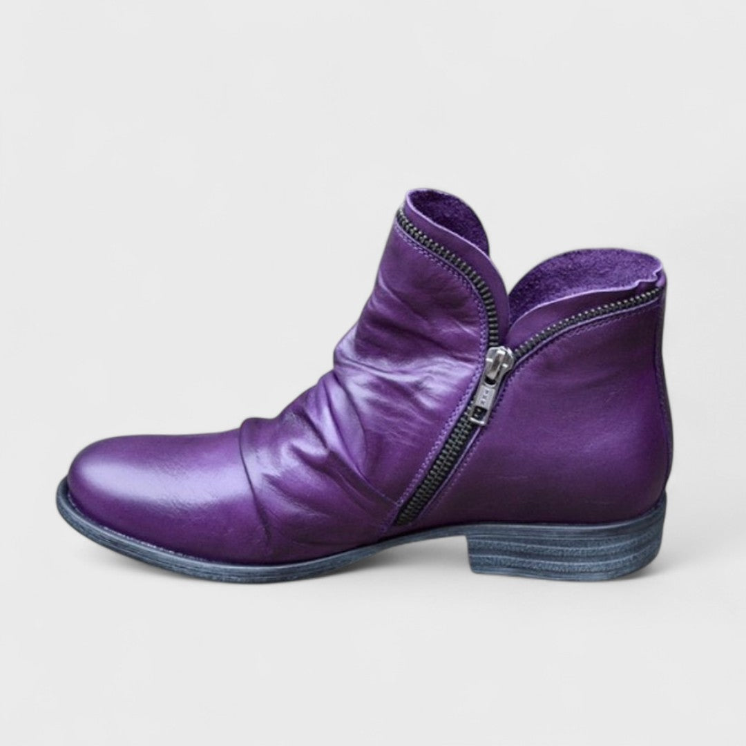Women's ankle boots in purple, side zip low heel slouch