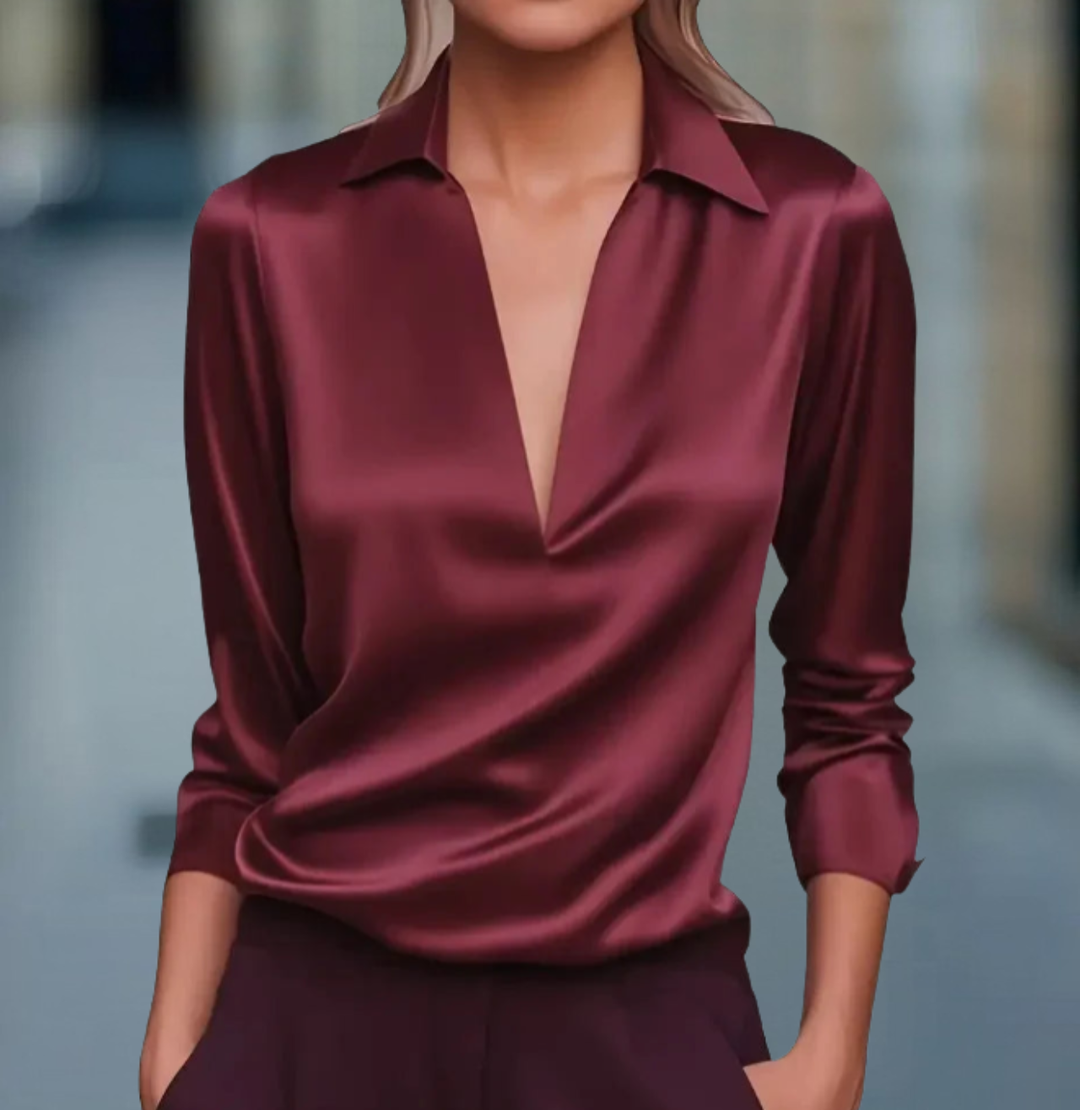 Women's satin-look blouse in burgundy, deep V neck collared long sleeve