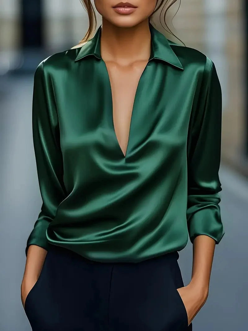 Dark green satin-look blouse with a deep V and shirt collar
