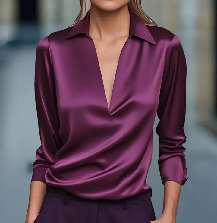 Plum deep V neck satin-look blouse with long sleeves