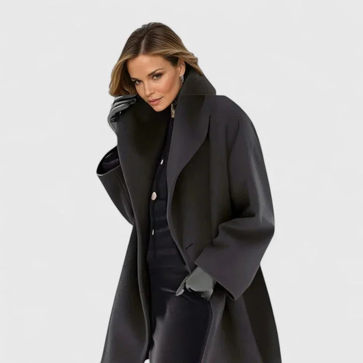 Women's shawl collar coat in black, button front oversized mid length