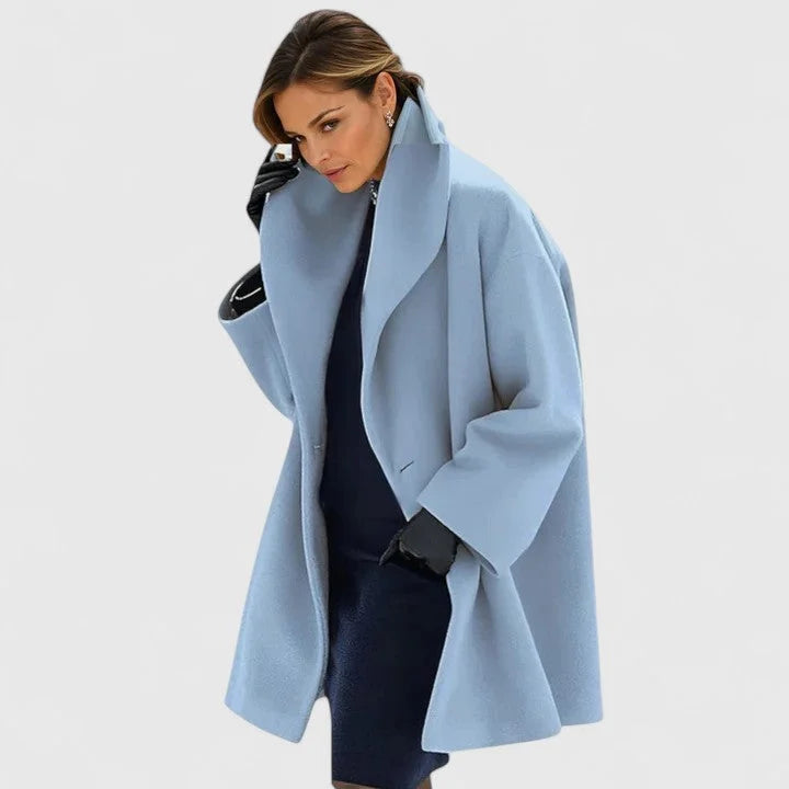 Women's shawl collar coat in blue, button front oversized mid length