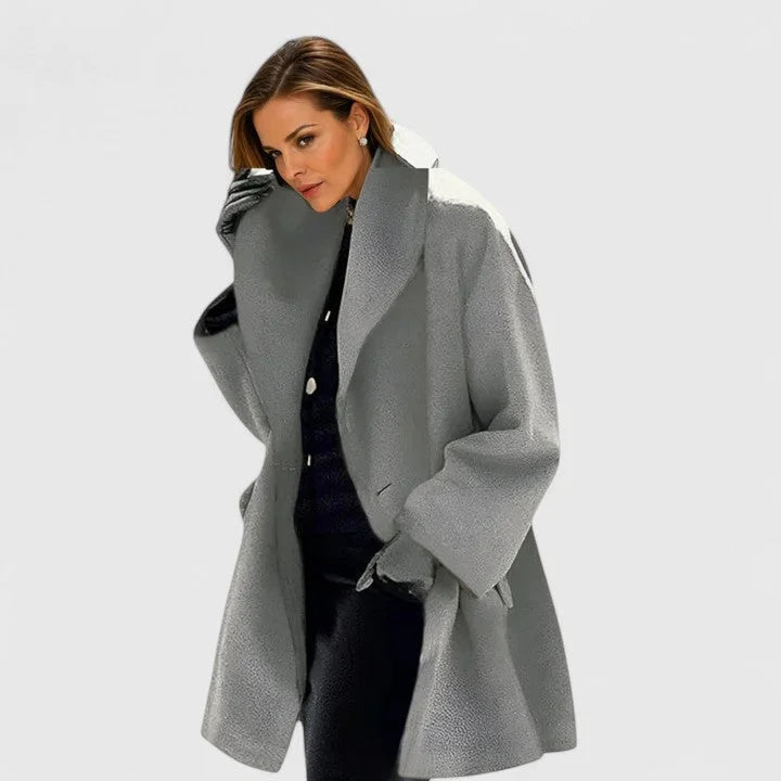 Women's shawl collar coat in grey, button front oversized mid length