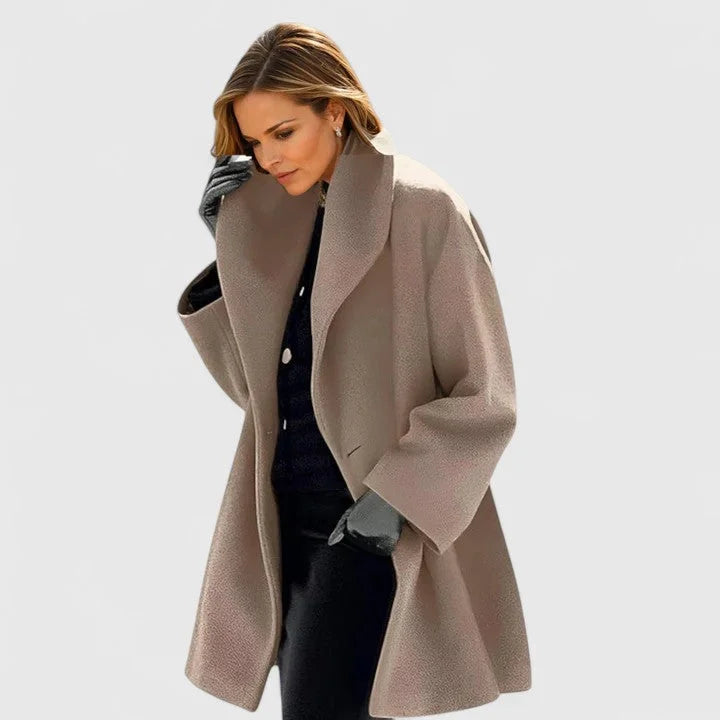 Women's shawl collar coat in khaki, button front oversized mid length