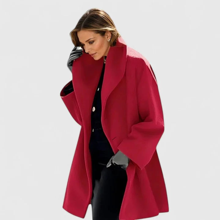 Women's shawl collar coat in red, button front oversized mid length