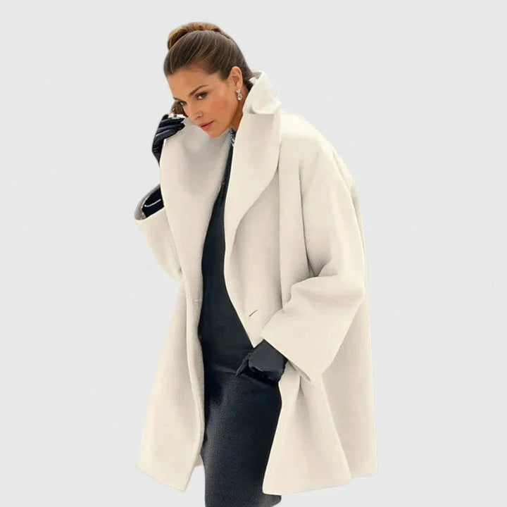 Women's shawl collar coat in white, button front oversized mid length