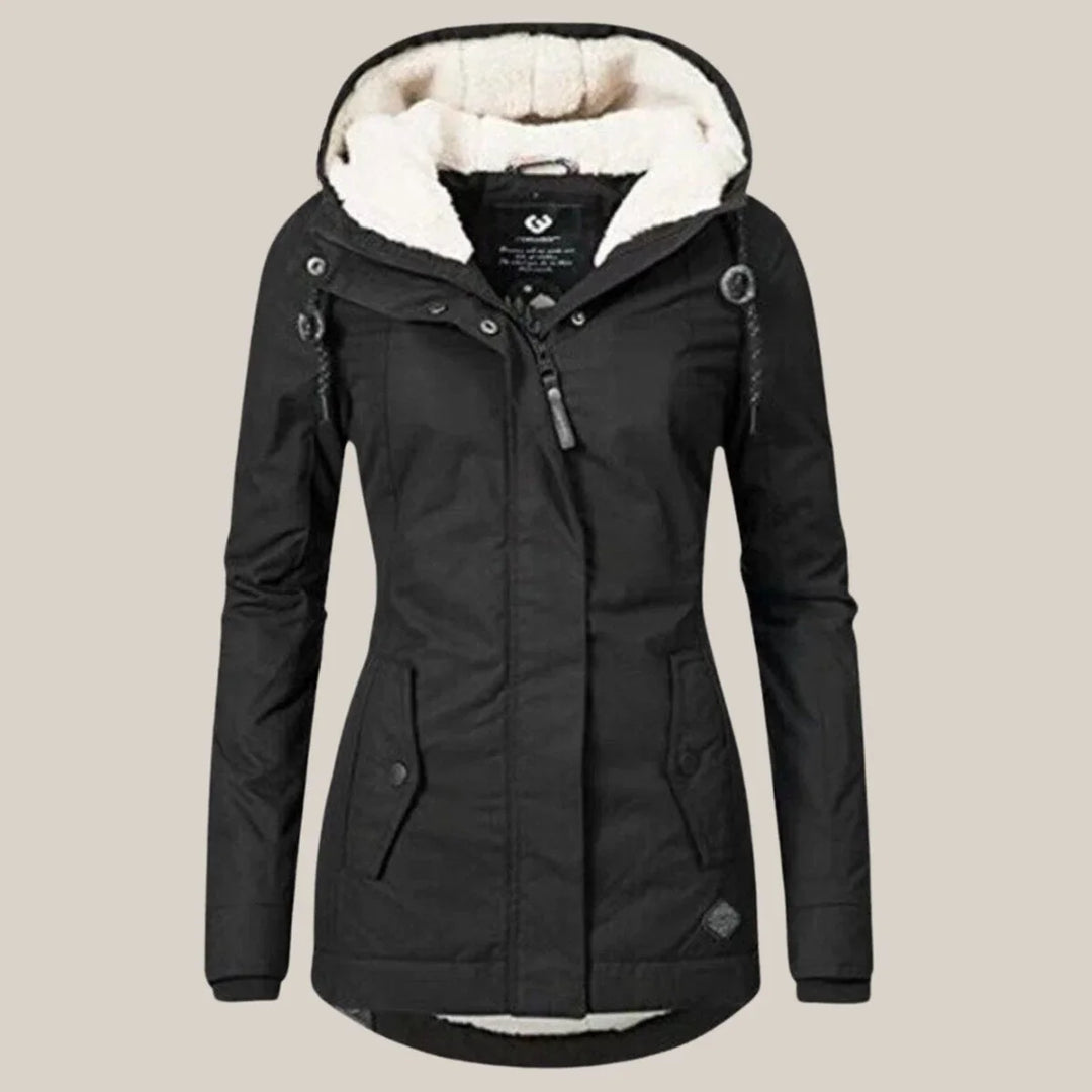 Women's parka coat in black, hooded drawstring waist winter coat