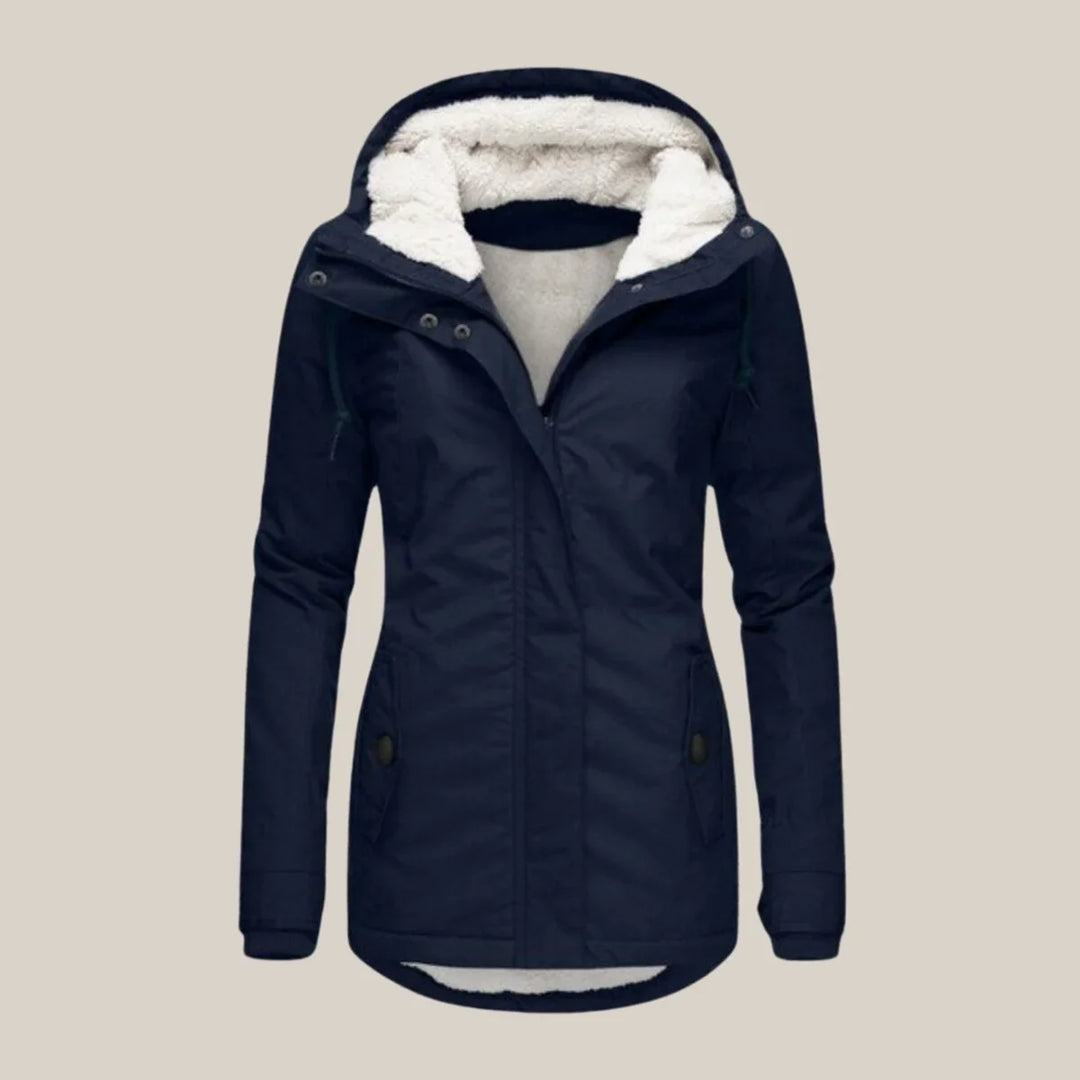 Women's parka coat in blue, hooded drawstring waist winter coat