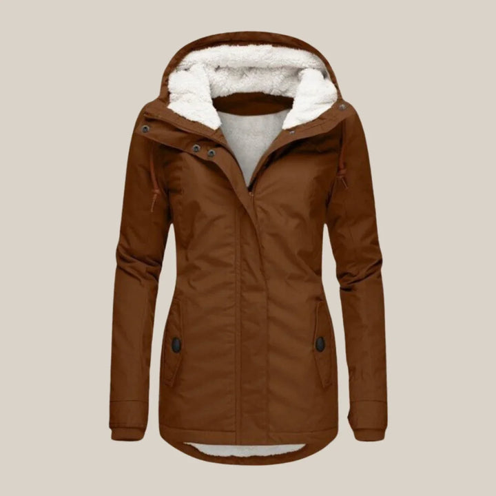 Women's parka coat in brown, hooded drawstring waist winter coat