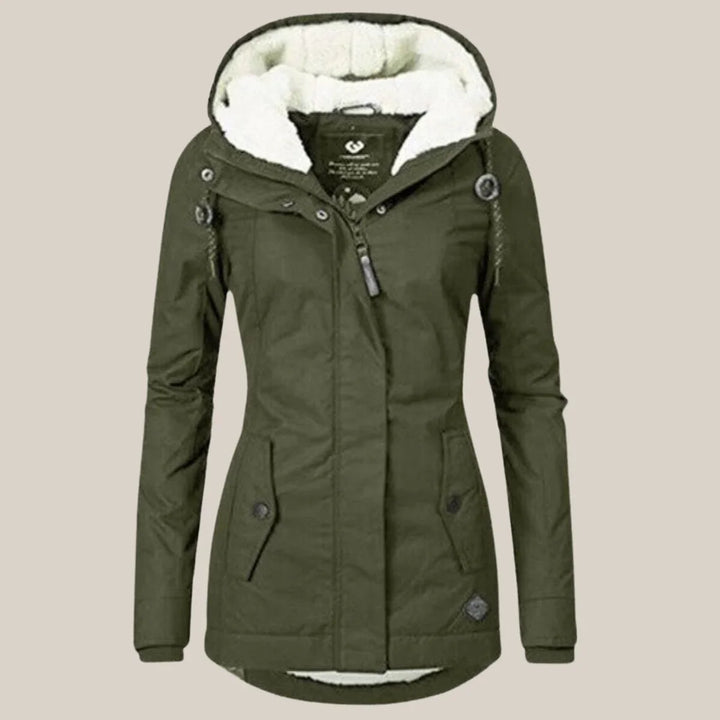 Women's parka coat in green, hooded drawstring waist winter coat