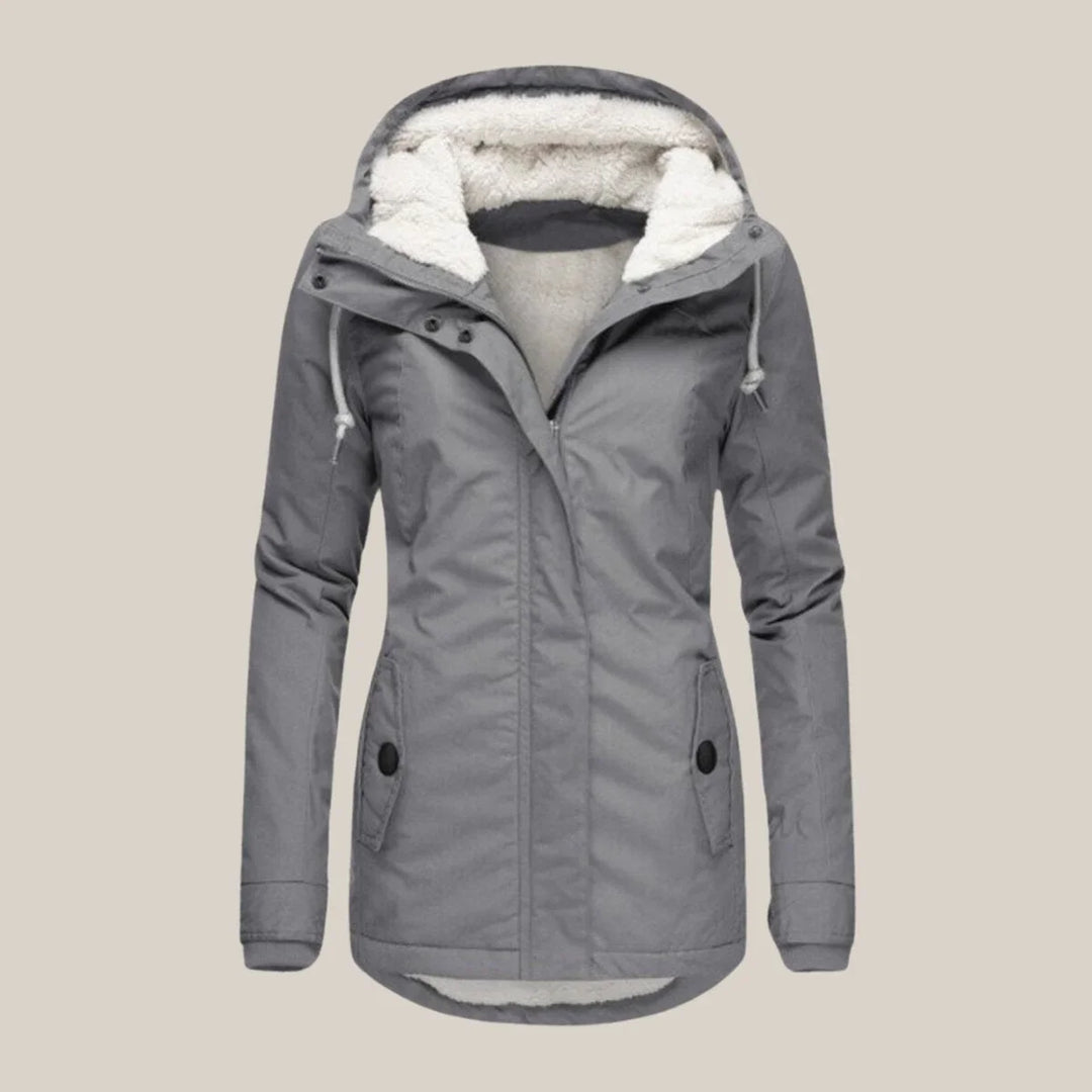 Women's parka coat in grey, hooded drawstring waist winter coat