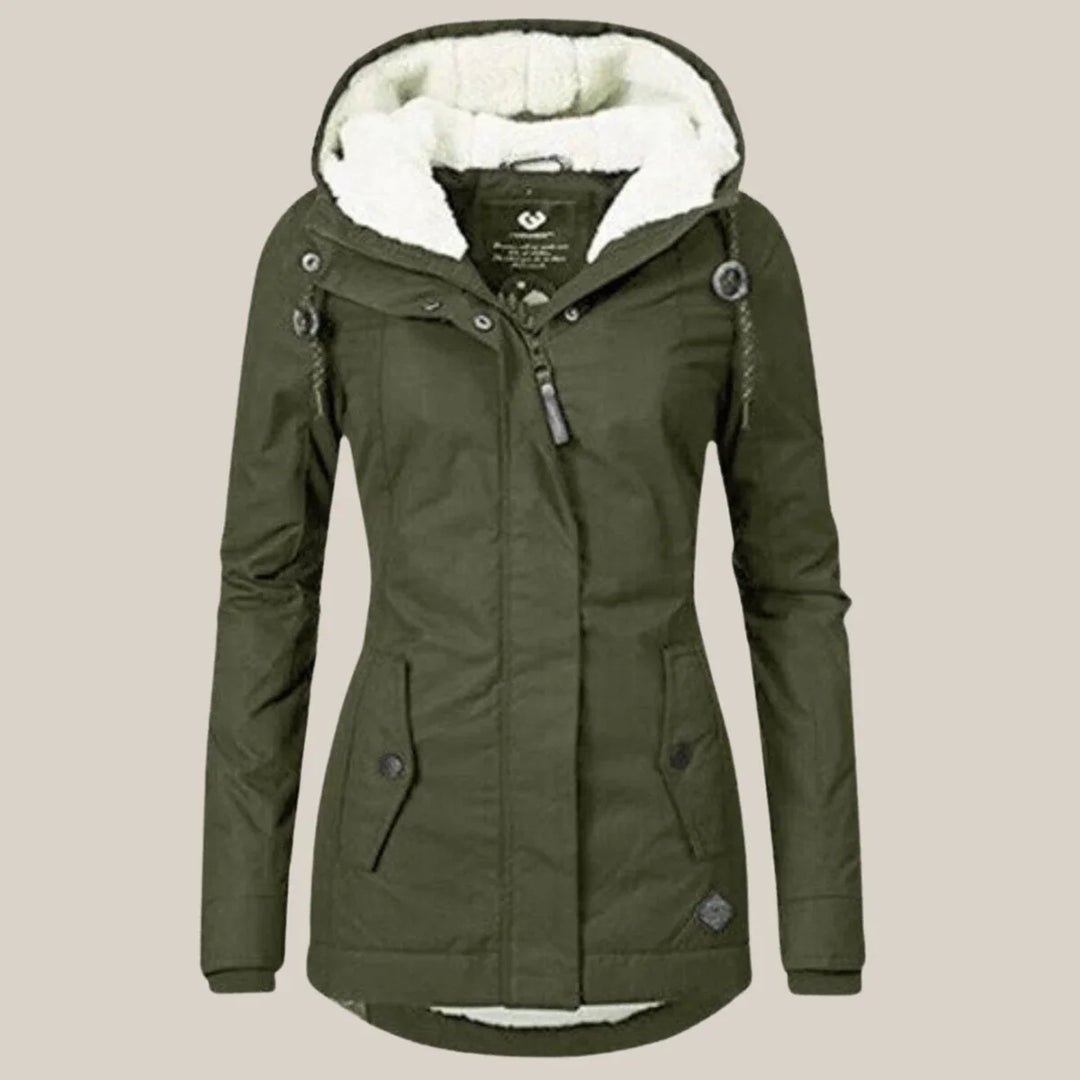 Women's parka coat, hooded drawstring waist winter coat, view 3