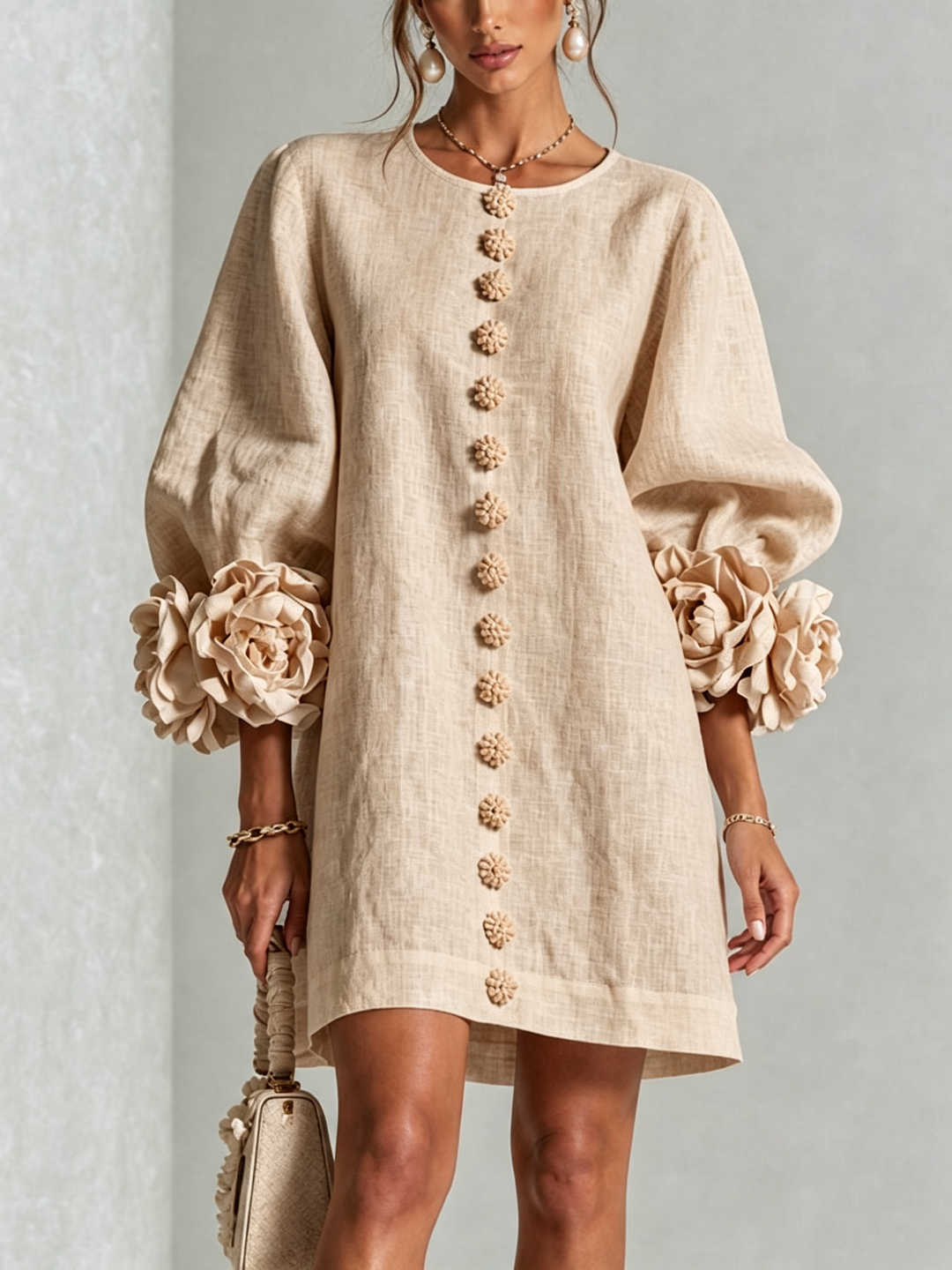 Women's shift dress in beige, balloon sleeve button front mini