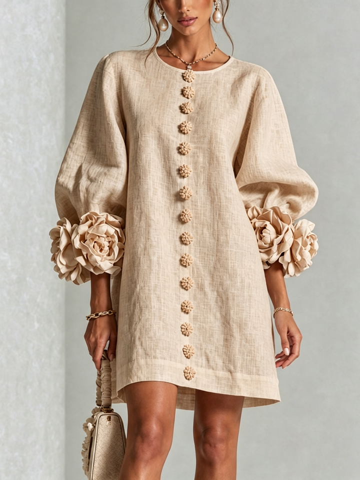 Women's shift dress in beige, balloon sleeve button front mini