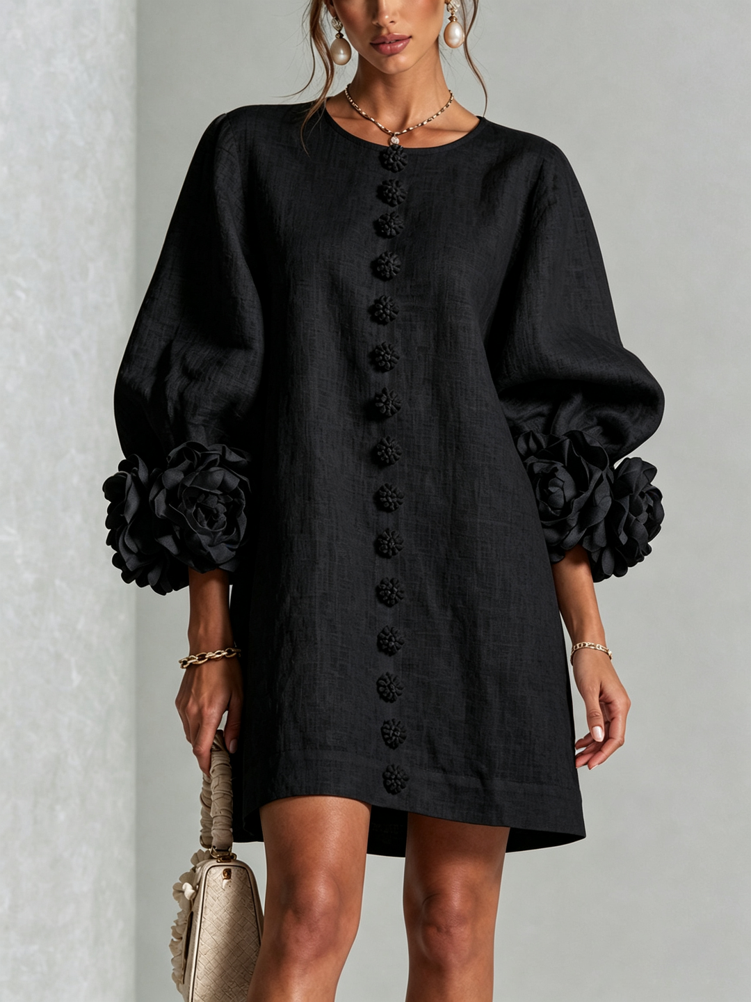 Women's shift dress in black, balloon sleeve button front mini