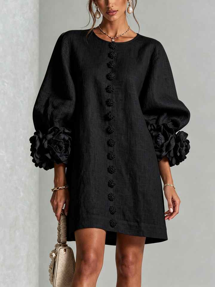 Women's shift dress in black, balloon sleeve button front mini