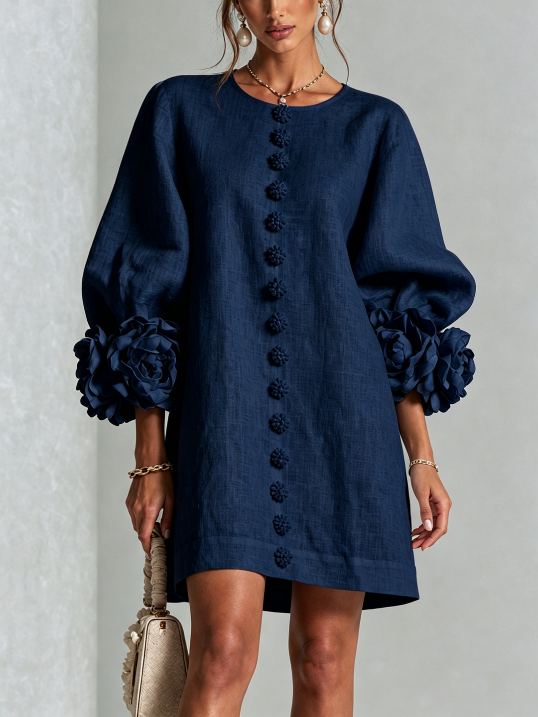 Women's shift dress in blue, balloon sleeve button front mini