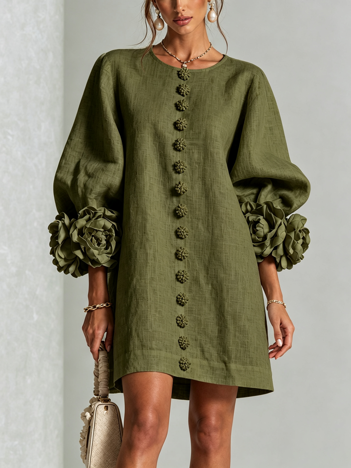 Women's shift dress in green, balloon sleeve button front mini