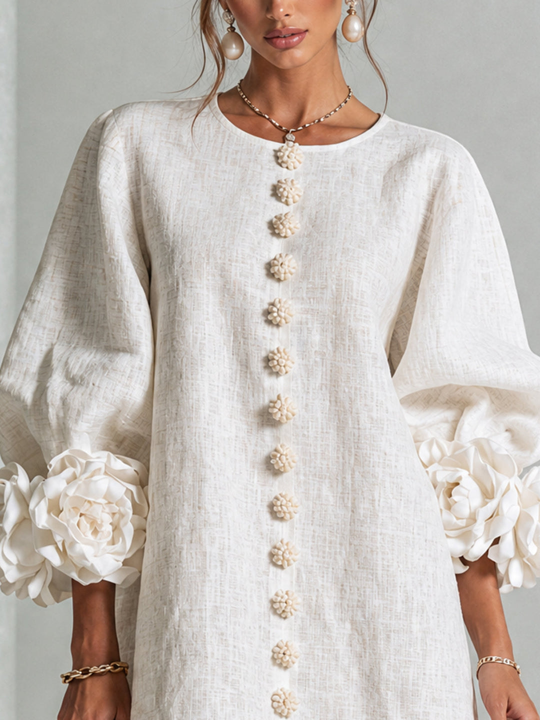 Women's shift dress, balloon sleeve button front mini, view 4