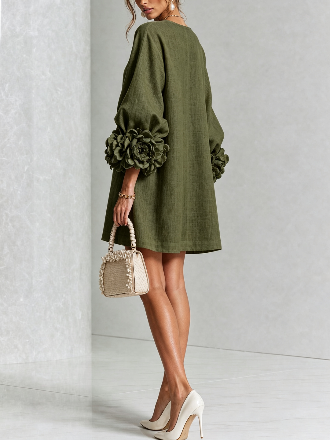 Women's shift dress, balloon sleeve button front mini, view 7