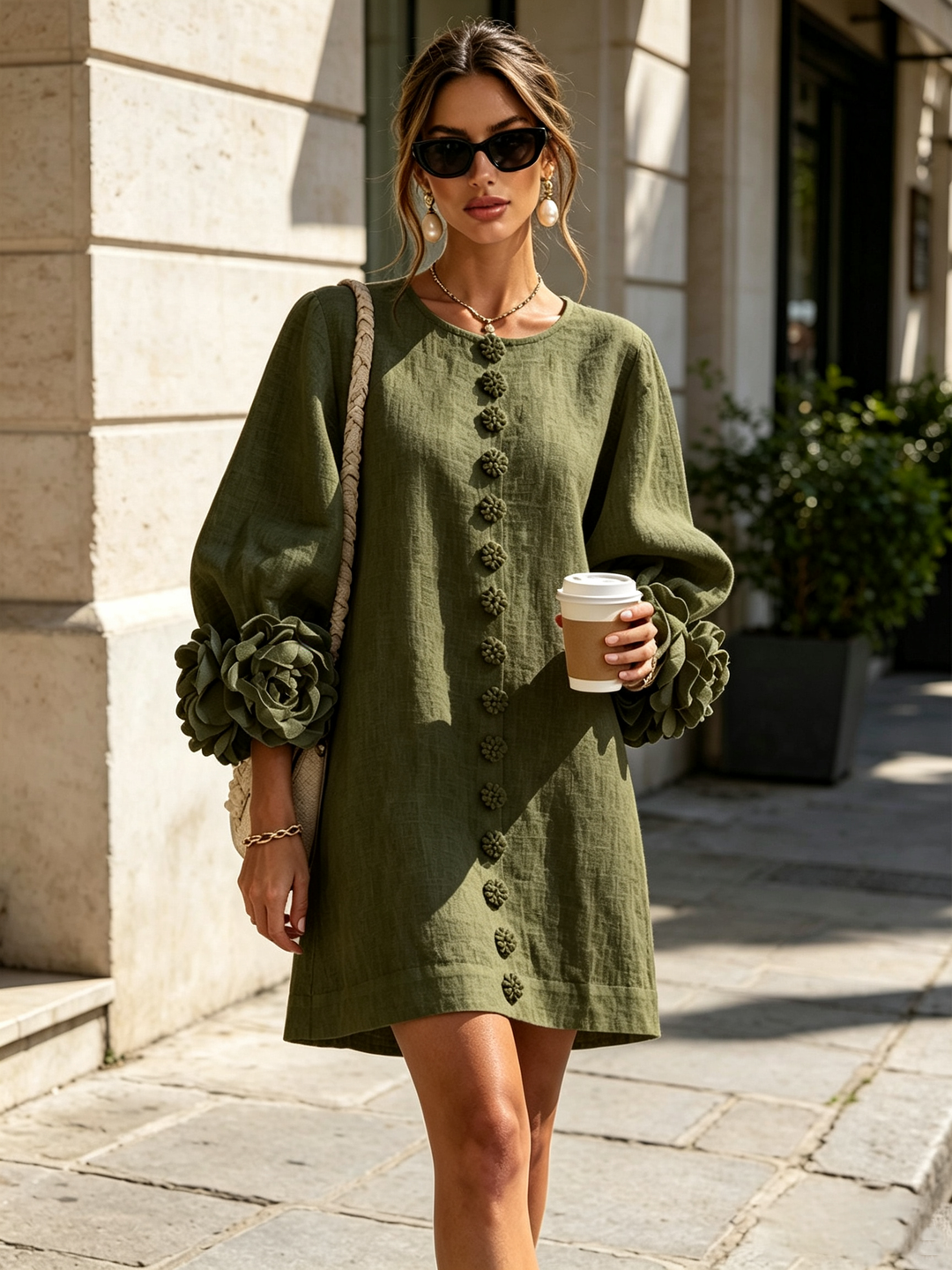 Women's shift dress, balloon sleeve button front mini, view 8
