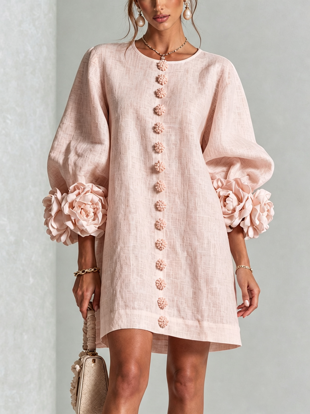 Women's shift dress in pink, balloon sleeve button front mini