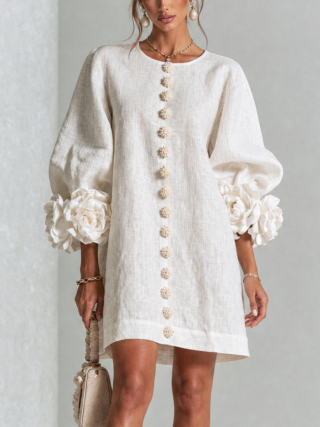 Women's shift dress in white, balloon sleeve button front mini