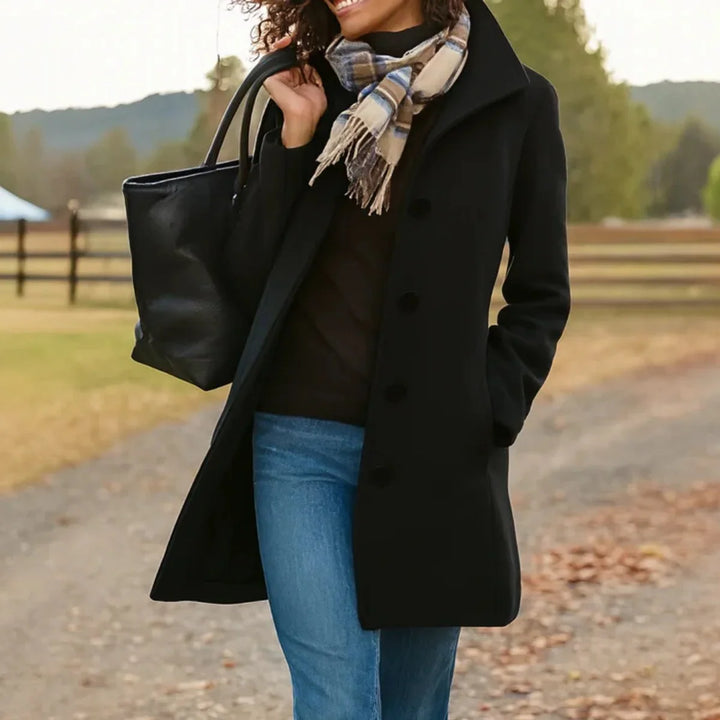Women's single breasted coat in black, mid length notch collar tailored