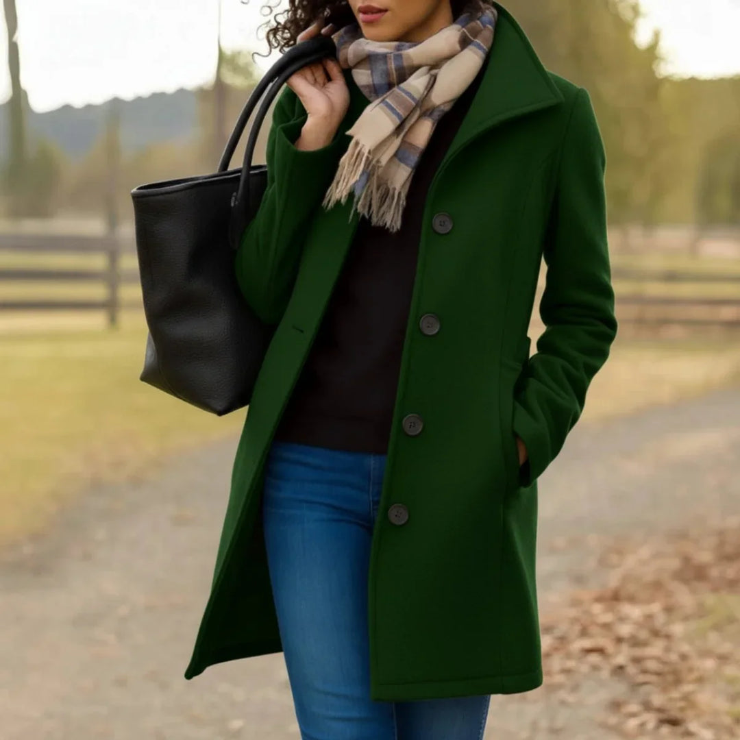 Women's single breasted coat in dark green, mid length notch collar tailored